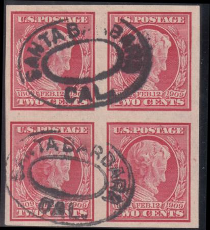 US 368 Early Commemoratives Used VF Block Santa Barbara, Cal. Cancel