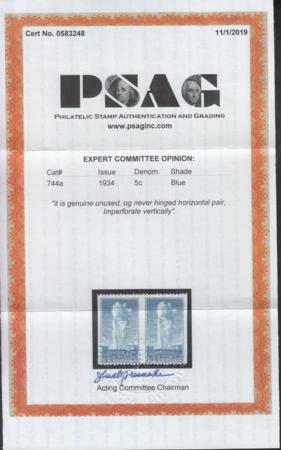 US 744a Mint NH F-VF Horiz. Pair Imperf Vertically. PSAG Cert. Flawless Without Any Of The Usual Gum Flaws