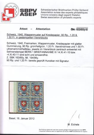 Switzerland 200B - 2B (SBK 163Y-5Y) Used XF Blocks With Full Gum Eichele + Rellstab Cert. Salvage Now Removed But Included