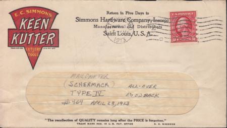 US 409 FDCS Mail-O-Meter IV On Keen Kutter Tool Adv., Multicolor On Face All Over B+W On Reverse, St.Louis Apr. 23, 1913, Cover Folder Lightly Once Vert. + Horiz.