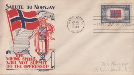 US 911  FDC 5c Norway Fleetword/Knapp Addressed To M Knapp In Rhinebeck. EX - Wally Knapp. Unique!