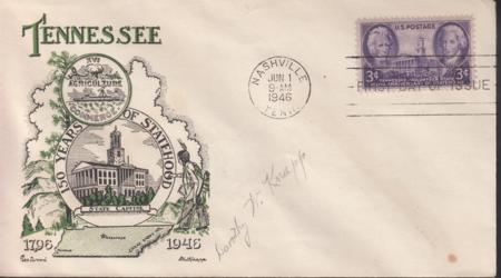 US 941 FDC 3c Tennessee Fleetwood/Knapp Printed Cachet Unaddressed FDC, Autographed By Dorothy Knapp. Ex Wally Knapp. Unique!