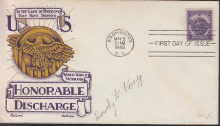 US 946 FDC Fleetwood/Knapp Printed Cachet Unaddressed FDC, Autographed By Dorothy Knapp. Ex Wally Knapp. Unique!