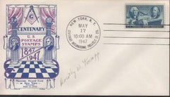 US 947 FDC Fleetwood/Knapp Printed Masonic Cachet Unaddressed FDC - Show Cancel Autographed By Dorothy Knapp. Ex Wally Knapp. Unique!