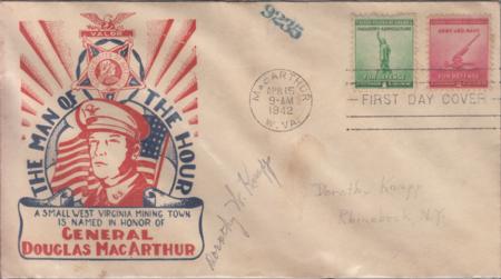 US 899-900 FDC On McArthur, WV Special Cancel. Knopp Printed Cachet Addressed To Dorothy Knopp In Rhinebeck, Autographed By Her. Ex Wally Knapp. Unique!