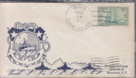 US 951 FDC On 1/5/48 USS Borie Knapp Printed Cachet Addressed To Maxwell R. Knapp, Rhinebeck NY. Ex Wally Knapp. Unique!