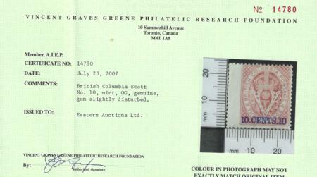Vancouver Island 10 F-VF Mint H Scarce Wing Copy - Fresh Color - Greene Cert