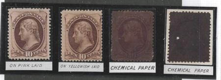 US 161E1 + Variations Essays and Proofs F-XF Mint H 3 Experimental Paper Essays Laid Paper on Rose + Yellow, Chemical Sensitive Paper now Dark Brown, Also a 4th Chemical Sensitive Paper now damaged + N/C