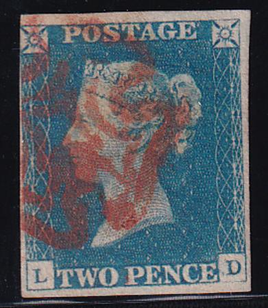 Great Britain 2b Used F-VF Deep Bright Blue, 3 3/4 Margins Pretty Red Maltese Cross Cancel