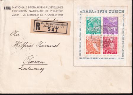 Switzerland 226 NABA S/S On VF Reg. Cover Oct. 1, 1934 To Aaraua Backstomped Oct 1.
