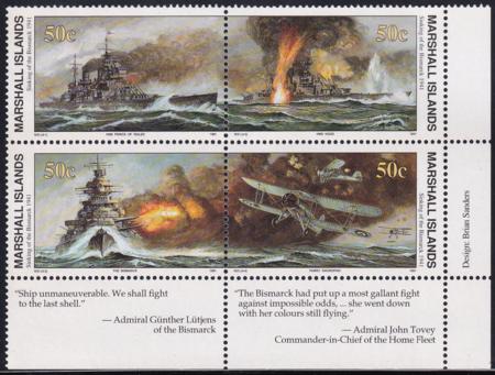 US 278-81(W21) Trust Territories Marshall Islands WWII Anniversaries NH VF Sinking Of The Bismarck