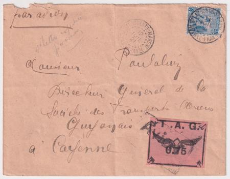 French Guiana 1920 Cover with CL5 Tied by  Avion Large Box Cancel