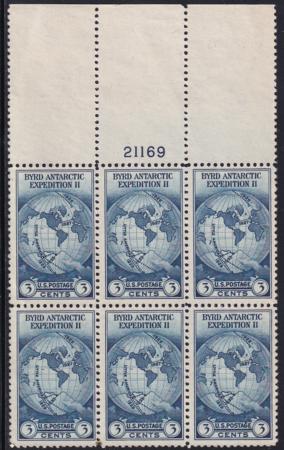 US 753 3¢ Byrd Farley Mint Positions No Gum VF Plate Block