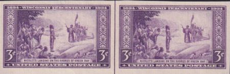 US 755 3¢ Wisconsin Farley Mint Positions No Gum VF Horiz. Pair Vert. Ln.