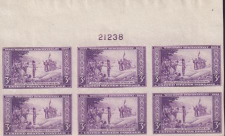 US 755 3¢ Wisconsin Farley Mint Positions No Gum VF Plate Block