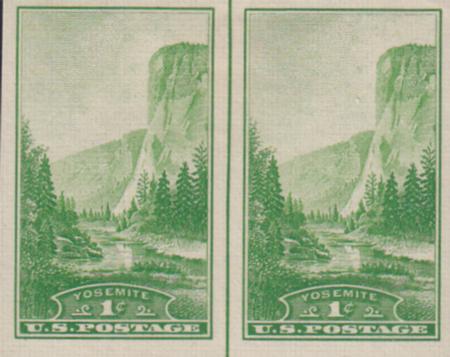 US 756 1¢ Yosemite Farley Mint Positions No Gum VF Horiz. Pair Vert. Ln.