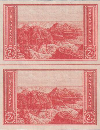 US 757 2¢ Grand Canyon Farley Mint Positions No Gum VF Vert. Pair Horiz. Ln.
