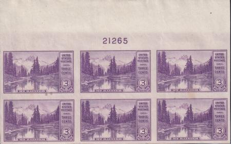US 758 3¢ Mt. Rainier Farley Mint Positions No Gum VF Plate Block