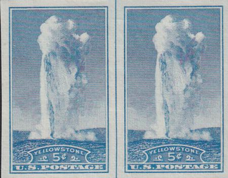 US 760 5¢ Yellowstone Farley Mint Positions No Gum VF Horiz. Pair Vert. Ln.