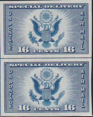 US 771 16¢ Special Delivery Farley Mint Positions No Gum VF Vert. Pair Horiz. Ln.