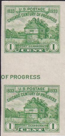 US 766a 1¢ Chicago S/S Farley Mint Positions No Gum VF Vert. Pair Horiz. Ln.