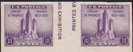 US 767a 3¢ Chicago S/S Farley Mint Positions No Gum VF Horiz. Pair Vert. Ln