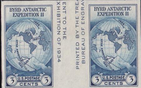 US 768a 3¢ Byrd S/S Farley Mint Positions No Gum VF Horiz. Pair Vert. Line