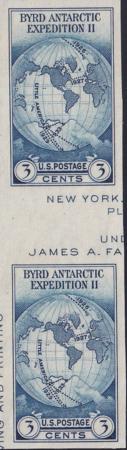 US 768a 3¢ Byrd S/S Farley Mint Positions No Gum VF Vert. Pair Horiz. Line
