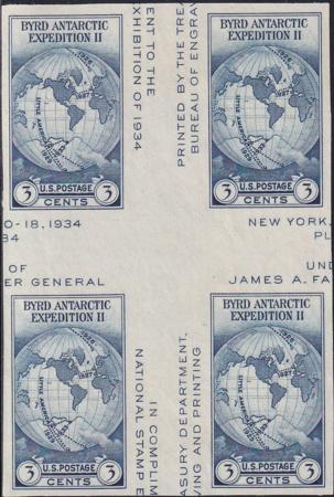 US 768a 3¢ Byrd S/S Farley Mint Positions No Gum VF Center Line Or Cross Gutter Block