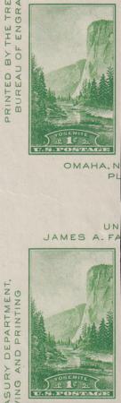US 769a 1¢ Yosemite S/S Farley Mint Positions No Gum VF Vert. Pair Horiz. Line