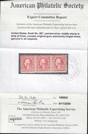 US 467 Washington / Franklin Mint LH F Center Stamp In Strip Of 3, APS Cert