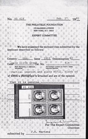 US 414 Washington / Franklin Mint NH F-VF Copy Of PF Cert For Block
