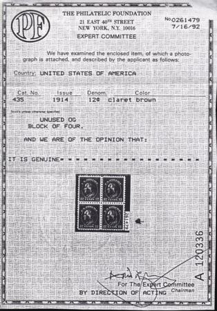 US 425 Washington / Franklin Mint NH F-VF Copy Of PF Cert For Block