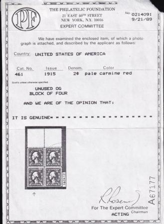 US 461 Washington / Franklin Mint NH F-VF Copy Of PF Cert For Block