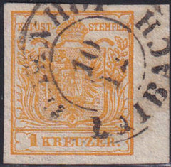 Austria 1H Used VF-XF Golden Yellow With 5mm Sheet Margin At Right. "Bannhof Laibach" Cds Almost Full Cancel Beautiful!