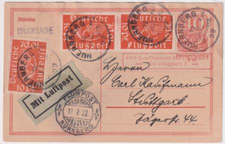 Germany 1922 First Flight Card Nurenburg - Stuttgart