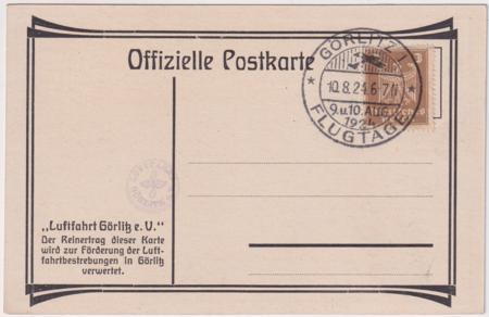 Germany 1924 First Flight Card Goerlitz Flight on Offical Postal Card