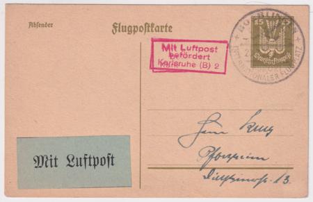 Germany 1925 15pf Printed Airmail Card with "Mit Luftpost" Vignette