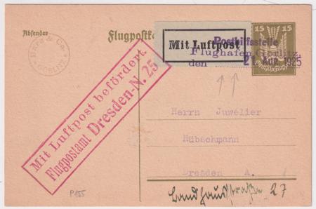 Germany 1925 Goerlitz Flight Card to Dresden on 15pf Postal Card