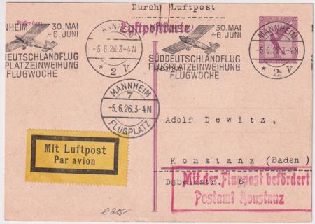 Germany 1926 Mannheim - Konstanz Flight on  15pf Postal Card