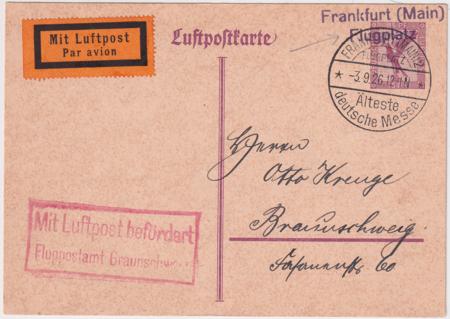 Germany 1926 Frankfurt (Main) - Braunschweig Flight on 15pf Postal Card