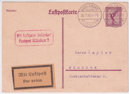 Germany 1926 Karlsruhe - Munich Flight on 15pf Postal Card