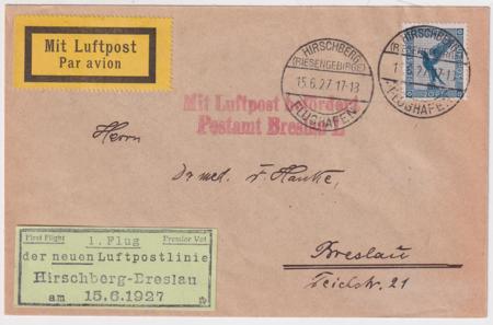 Germany 1927 Hirschberg - Breslau First Flight Cover