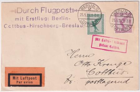 Germany 1927 Berlin - Cottbus First Flight Cover