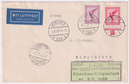 Germany 1929 First Flight Cover Munich - Klagenfurt with Flight Label