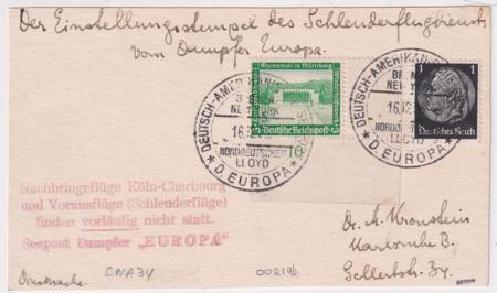 Germany 1936 Catapult Flight Card, Europa, Signed by Helms