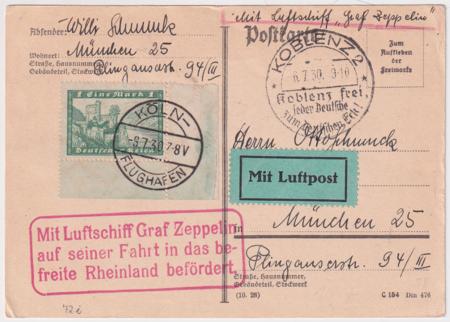 Germany 1930 Zeppelin Liberated Rhineland Flight Card