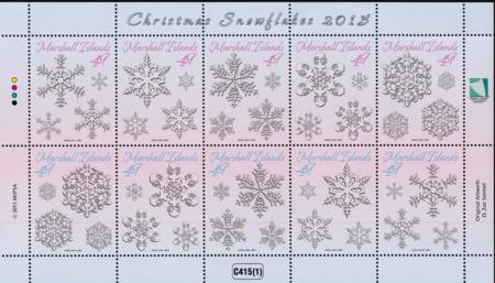 US 1127 Trust Territories Marshall Islands NH VFChristmas Snowflakes Sheet Of 10