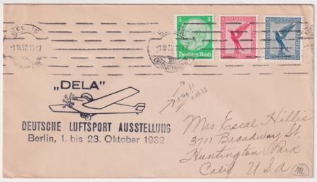 Germany 1932 "Dela" Flight Cover to Huntington Park, CA