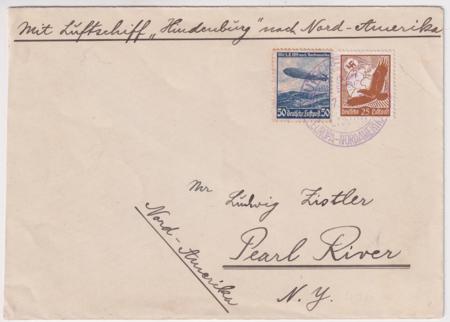 Germany 1936 1st Hindenburg  NA Flight Cover with Unusual Violet Cancel